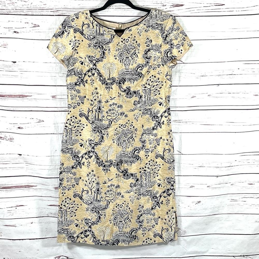Talbots Womens Sheath Dress 100 % Silk Asian Print Tan/Black Size 10.
